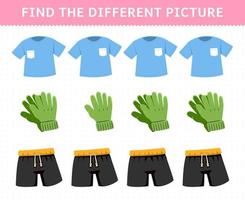 gioco educativo per bambini trova l'immagine diversa in ogni riga vestiti indossabili cartoni animati t-shirt guanti pantaloni vettore