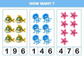 gioco educativo per bambini che conta quanti simpatici cartoni animati animali subacquei piranha pesci meduse stelle marine vettore