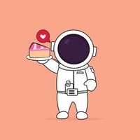 carino felice astronauta che tiene la torta vettore