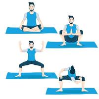 una serie di posizioni yoga di figura maschile 4 posizioni yoga in un design piatto. vettore