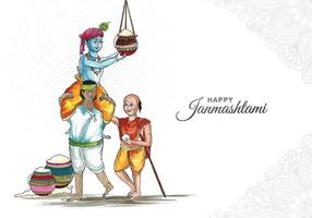 lord shri krishana in felice sfondo della carta del festival di janmashtami vettore