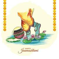 disegnare a mano l'acquerello dei piedi di lord krishna nel felice disegno della carta del festival di janmashtami vettore
