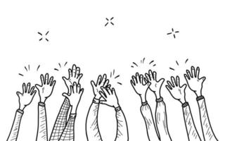 disegnato a mano di mani che applaudono l'ovazione. applausi, pollice in alto gesto su stile doodle, illustrazione vettoriale