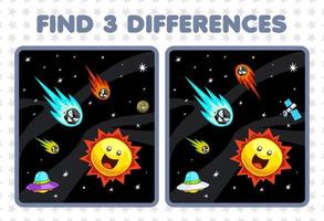 gioco educativo per bambini trova tre differenze tra due simpatici cartoni animati del sistema solare cometa sole ufo vettore