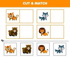 gioco educativo per bambini taglia e abbina la stessa immagine di simpatico cartone animato animale selvatico tigre lupo orso leone foglio di lavoro stampabile vettore