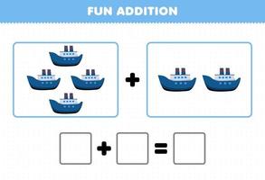 gioco educativo per bambini divertente aggiunta contando il foglio di lavoro delle immagini della nave traghetto del trasporto dei cartoni animati vettore