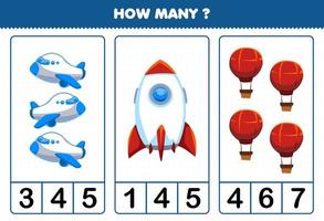 gioco educativo per bambini che contano quanti palloncini a razzo per il trasporto aereo dei cartoni animati vettore