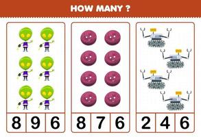 gioco educativo per bambini che conta quanti simpatici robot del pianeta alieno del sistema solare dei cartoni animati vettore