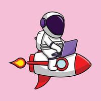 simpatico astronauta che lavora con il computer portatile sull'icona del vettore del fumetto del razzo. concetto di cartone animato piatto di tecnologia scientifica