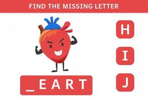gioco educativo per bambini trova lettera mancante simpatico cartone animato organo umano cuore foglio di lavoro vettore