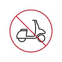 vietare l'icona della linea nera della zona di consegna del ciclomotore. pittogramma di contorno vietato scooter. simbolo del cerchio di arresto rosso moto veloce. nessun segnale stradale per motociclette. moto vietata. illustrazione vettoriale. vettore