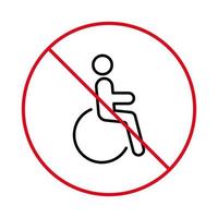 vietare l'icona della linea nera della zona di parcheggio per disabili. pittogramma vietato ai portatori di handicap. nessun segno di sedia a rotelle consentito. persona disabile vietata sul simbolo di arresto del profilo della sedia a rotelle. illustrazione vettoriale isolata.