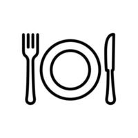 pranzo coltello piatto forchetta argenteria segno. simbolo piatto del pranzo del cibo del caffè delle stoviglie. ristorante posate in metallo per pittogramma linea cena. icona di contorno nero piatto coltello forchetta. illustrazione vettoriale isolata.