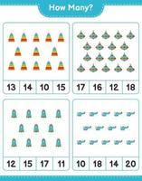 gioco di conteggio, quanti giocattoli piramidali, giocattoli rotanti, razzi ed elicotteri. gioco educativo per bambini, foglio di lavoro stampabile, illustrazione vettoriale