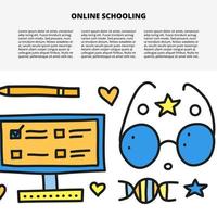 modello di articolo con spazio per testo e istruzione colorata doodle, icone di e-learning tra cui computer, occhiali, penna, dna isolato su sfondo bianco. vettore