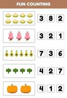 gioco educativo per bambini divertente contare e scegliere il numero corretto di cartoni animati frutta e verdura cavolfiore anacardi avocado spinaci zucca foglio di lavoro stampabile vettore