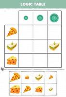 gioco educativo per bambini tabella logica smistamento dimensioni piccolo medio o grande di cartone animato cibo pizza panino formaggio immagine stampabile foglio di lavoro