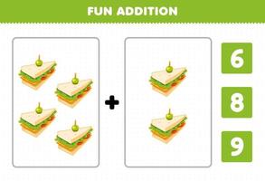 gioco educativo per bambini divertente aggiunta per conteggio e scegli la risposta corretta del foglio di lavoro stampabile sandwich cibo cartone animato vettore
