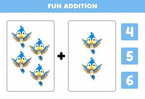 gioco educativo per bambini divertente aggiunta per conteggio e scegli la risposta corretta del foglio di lavoro stampabile simpatico cartone animato animale domestico animale uccello blu vettore