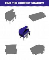 gioco educativo per i bambini trova il set di ombre corretto del pianoforte per strumenti musicali dei cartoni animati vettore