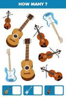 gioco educativo per bambini alla ricerca e al conteggio di quanti oggetti cartone animato musica strumento chitarra basso violino foglio di lavoro stampabile vettore