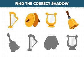 gioco educativo per bambini trova il corretto set di ombre di cartoni animati strumenti musicali arpa cembali lira campana vettore