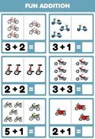 gioco educativo per bambini divertente aggiunta contando e sommando simpatico cartone animato trasporto bici bicicletta scooter monociclo motocross moto moto immagini foglio di lavoro vettore