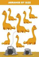 gioco educativo per bambini organizza in base alle dimensioni grandi o piccole spostalo nella grotta immagini di dinosauri preistorici di dinosauro brontosauro carino cartone animato vettore