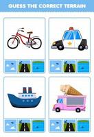 gioco educativo per bambini indovina il terreno corretto aria terra o acqua di cartone animato trasporto bicicletta auto della polizia traghetto nave camion dei gelati foglio di lavoro stampabile