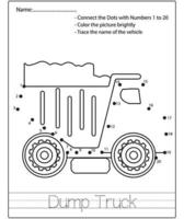 punto per punto bambini puzzle foglio di lavoro disegno cartone animato veicolo da costruzione. traccia e colora il gioco educativo. vettore