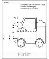punto per punto bambini puzzle foglio di lavoro disegno cartone animato veicolo da costruzione. traccia e colora il gioco educativo. vettore