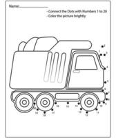 punto per punto bambini puzzle foglio di lavoro disegno cartone animato veicolo da costruzione. traccia e colora il gioco educativo. vettore