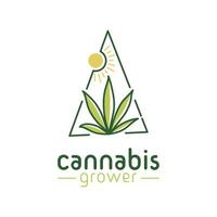 marijuana foglia di cannabis con logo sole, semplice erba minimalista con logo luce solare vettore