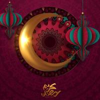 poster di Ramadan Kareem con luna d'oro e lanterne di carta vettore