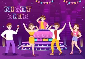 illustrazione del fumetto del night club con la vita notturna come un giovane che beve alcol e danza giovanile accompagnata da musica dj sotto i riflettori vettore