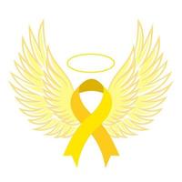 nastro giallo con ali d'angelo. nastro di consapevolezza del cancro infantile vettore