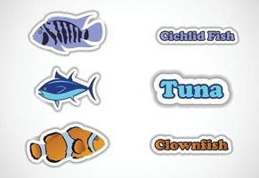 set di adesivi di pesci diversi, illustrazione vettoriale piatta