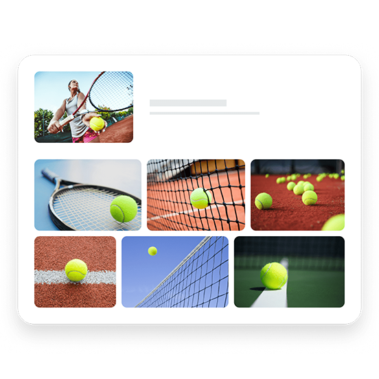 Mock search results grid, featuring tennis balls and tennis-related images.