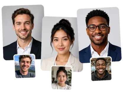 A few photos of professional headshots, each over the source photo of the person.