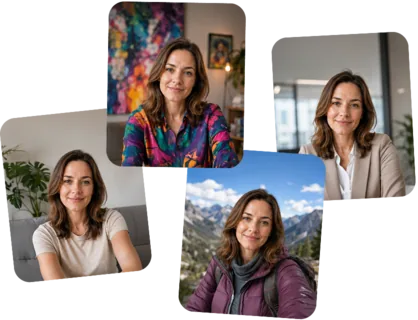 Several photos of the same woman, wearing different clothes