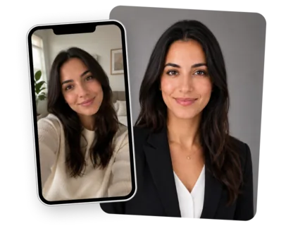 A woman's photo on a mobile device, next to the same woman's photo as a professional headshot