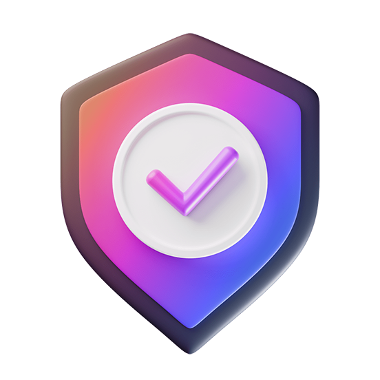 3D digital graphic of a shield-like shape with a pink-to-blue gradient in the background a checkmark in the center.