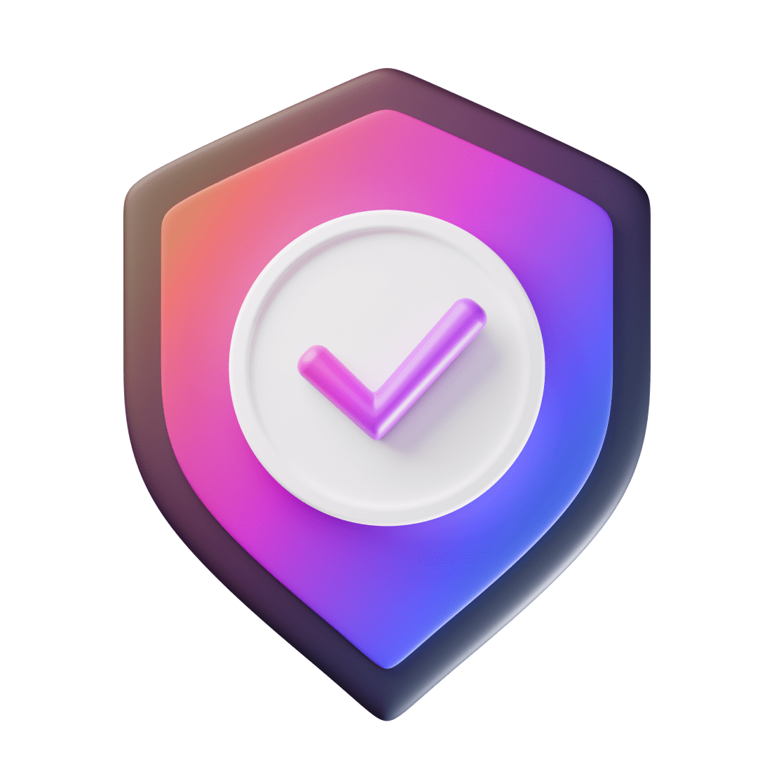 3D digital graphic of a shield-like shape with a pink-to-blue gradient in the background a checkmark in the center.