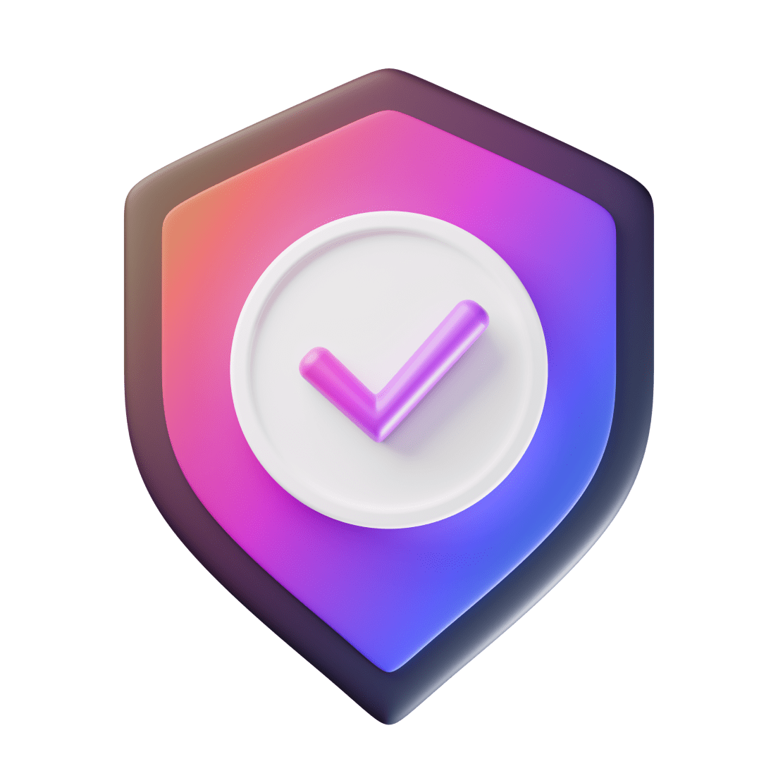 3D digital graphic of a shield-like shape with a pink-to-blue gradient in the background a checkmark in the center.